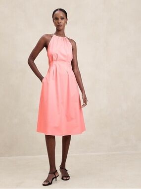NWT Banana Republic Woman Pink Poplin Halter Fit Flare Midi Dress US4 Classic